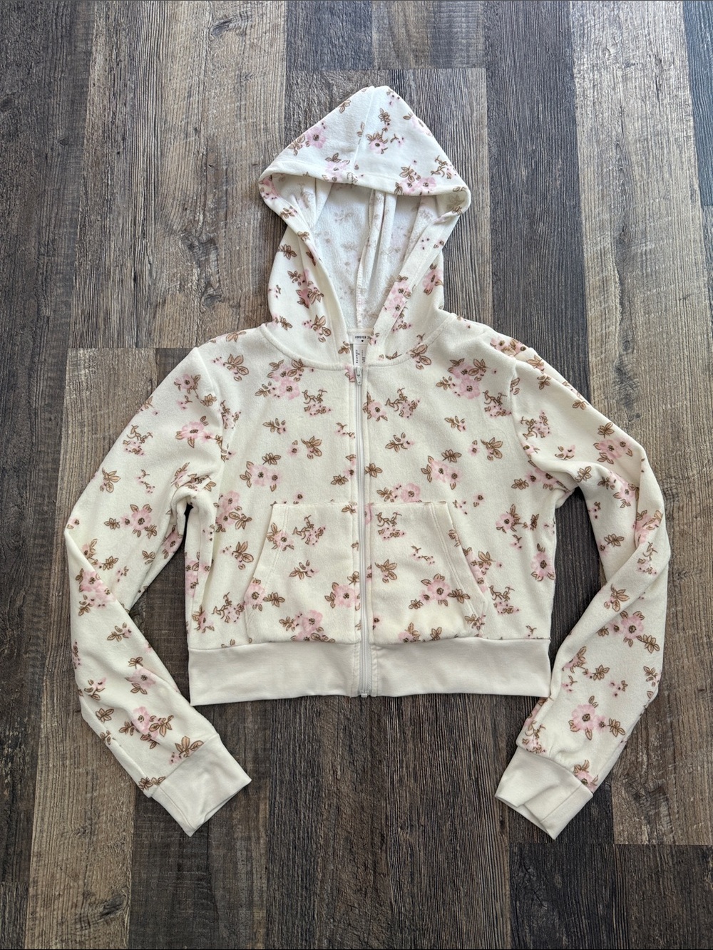 Forever 21 Floral Cropped Faux Fur Hoodie Jacket Women’s Size Small Cream Pink